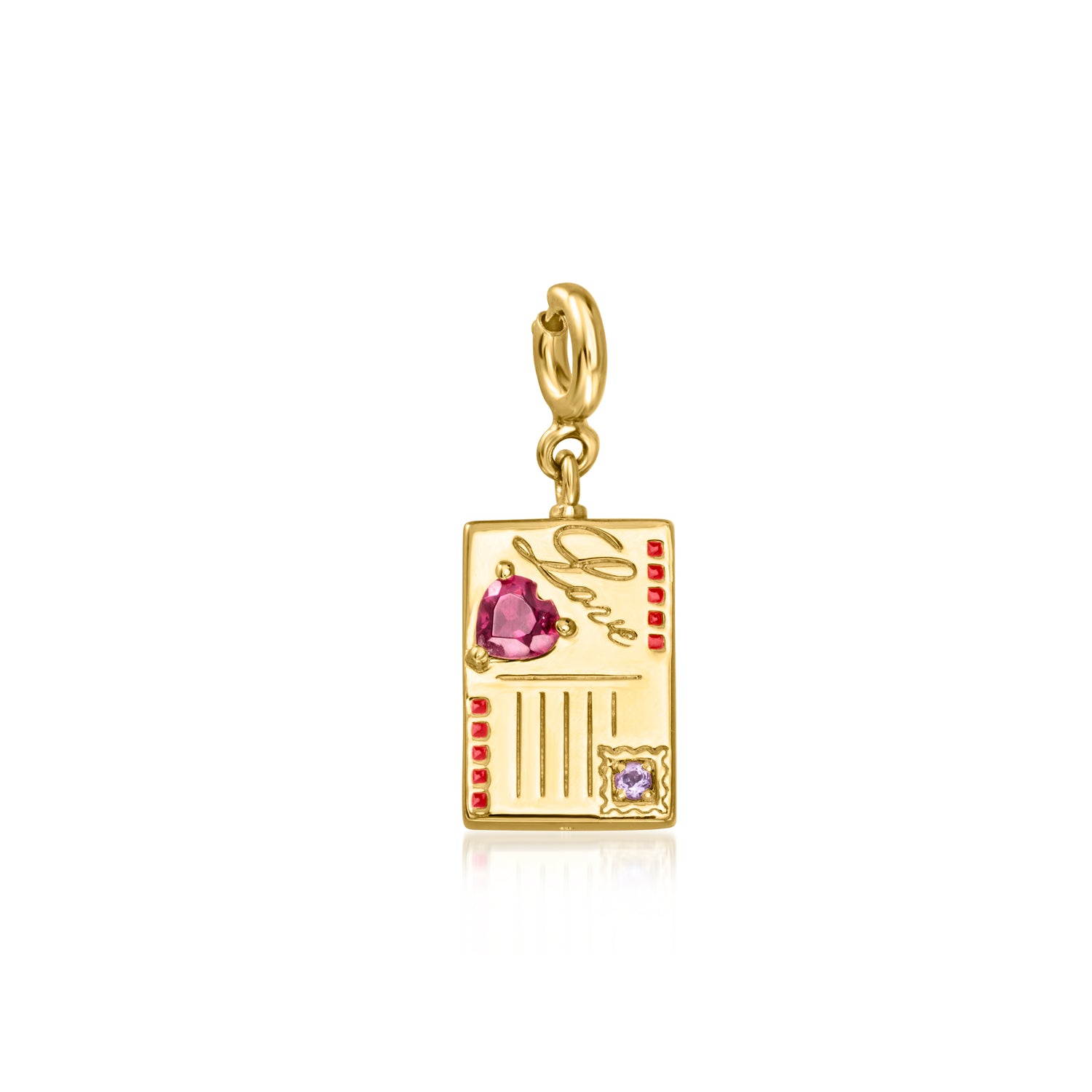 18kt Gold Over Sterling Reversible Paris Postcard Charm with .20 Carat Rhodolite Garnet, Red Enamel and Single Amethyst