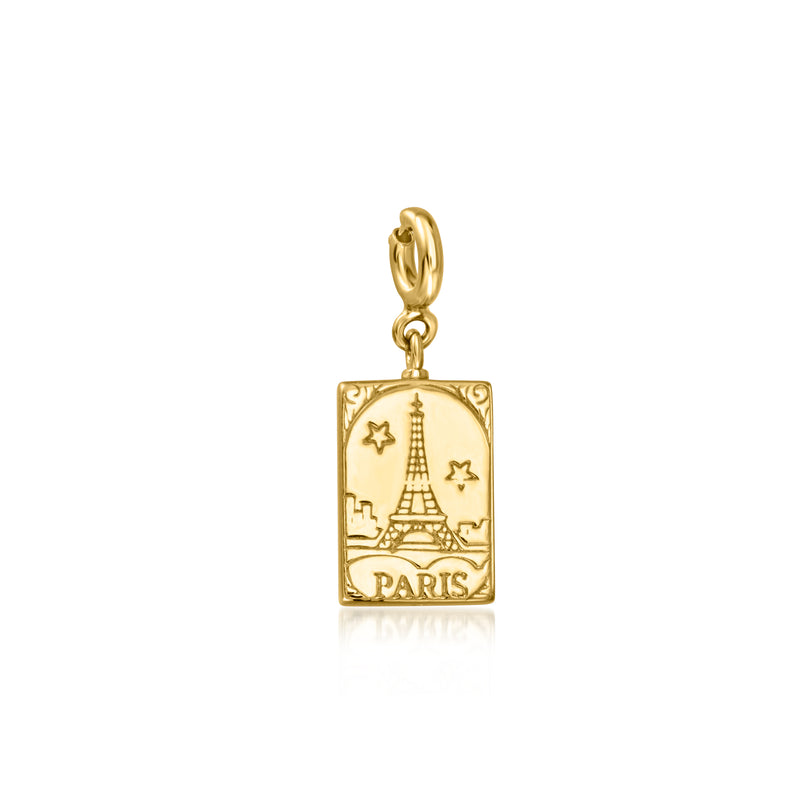 Gold Paris postcard charm with Eiffel Tower and stars engraving
