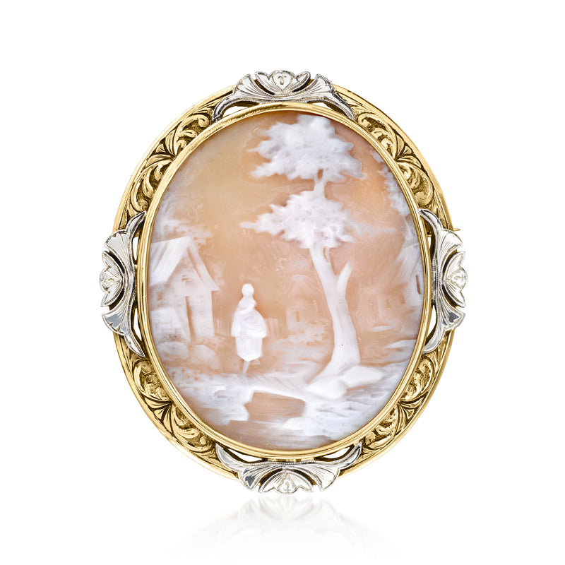 Oval cameo pin pendant, two-tone gold and silver frame with brown shell scene