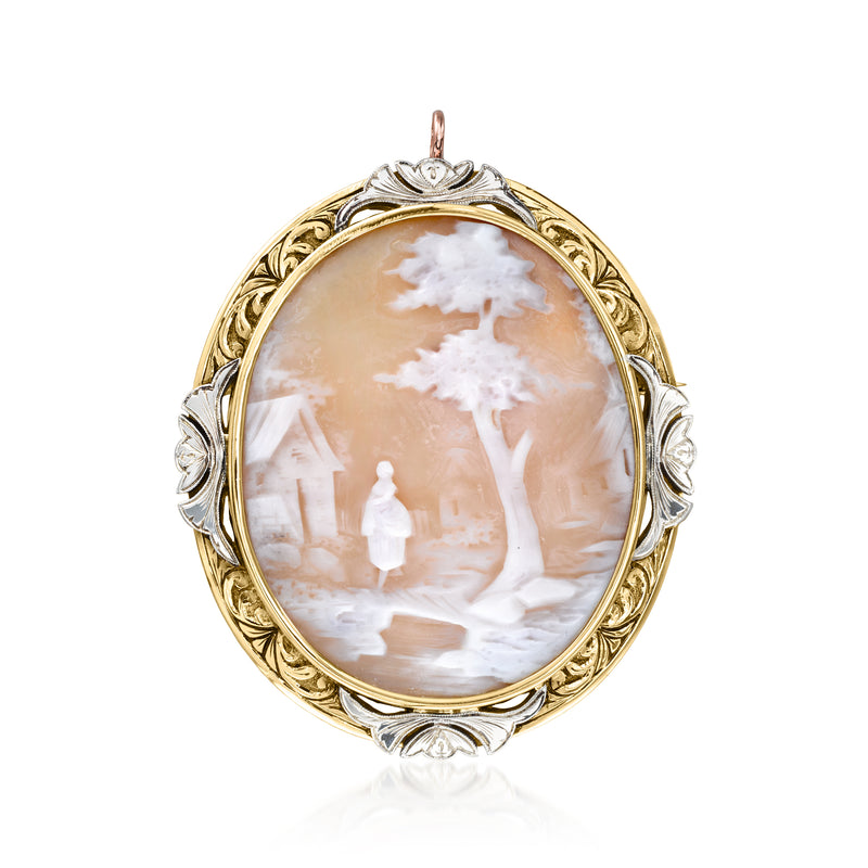 Oval cameo pin pendant, two-tone gold and silver frame with bail and shell scene