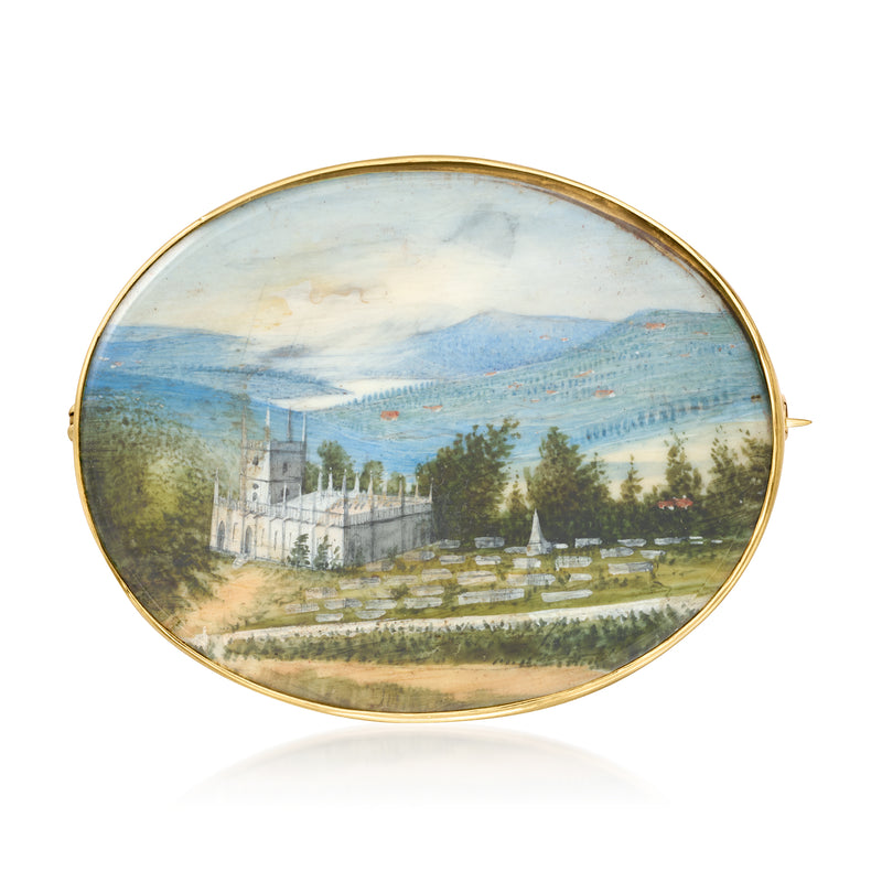 C. 1910 Vintage Hand-Painted Scenery Pin in 9kt Yellow Gold