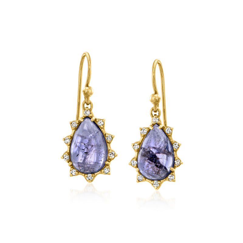 14kt yellow gold drop earrings with pear-cut iolite and diamond halo, earwire
