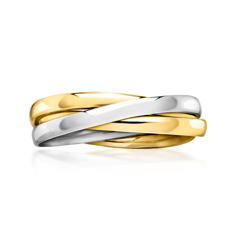 Two-tone gold rolling ring with interlocked gold and silver bands, polished