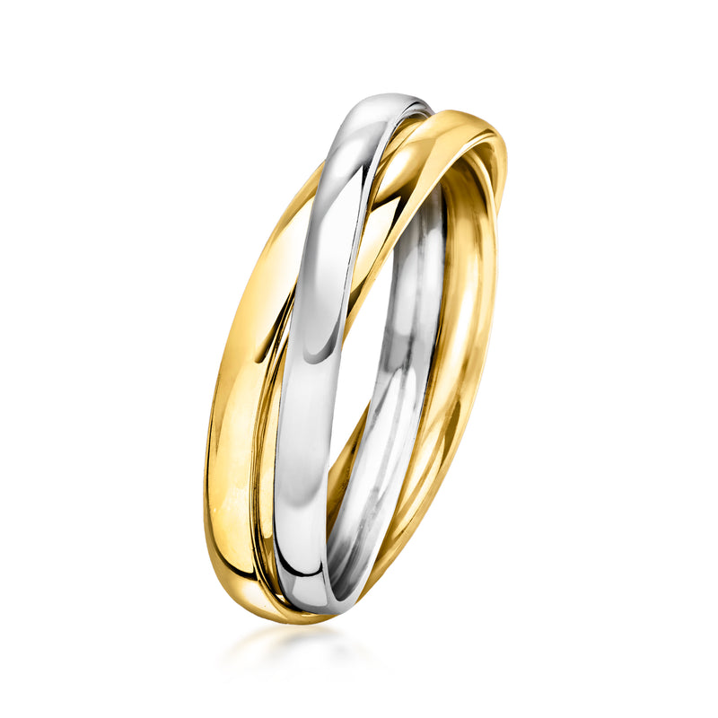Two-tone gold rolling ring, curved interlocked gold and silver bands, side view