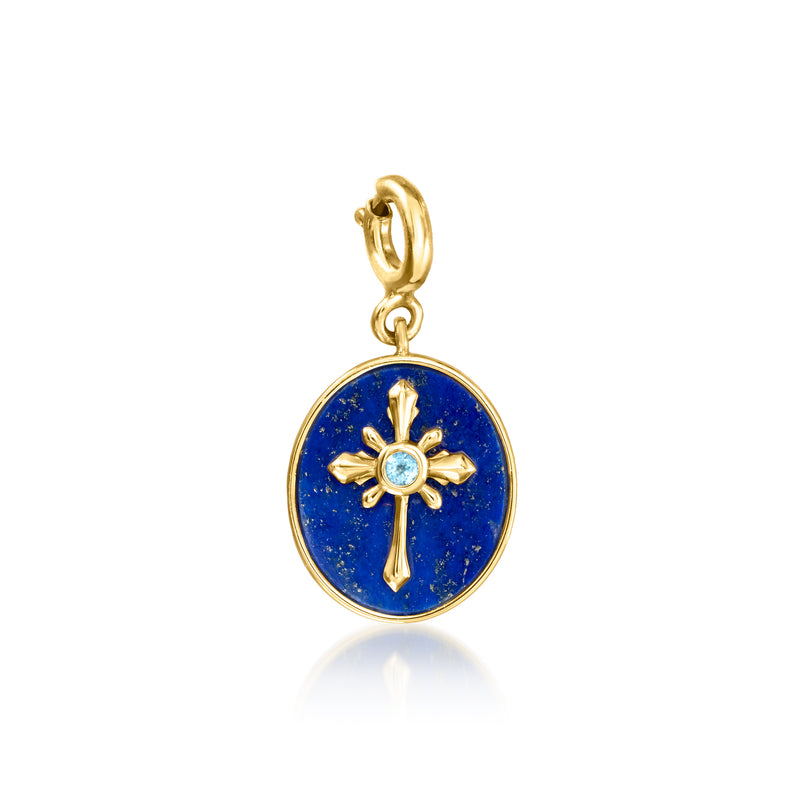 Gold cross charm pendant with blue enamel circle and round Swiss blue topaz center