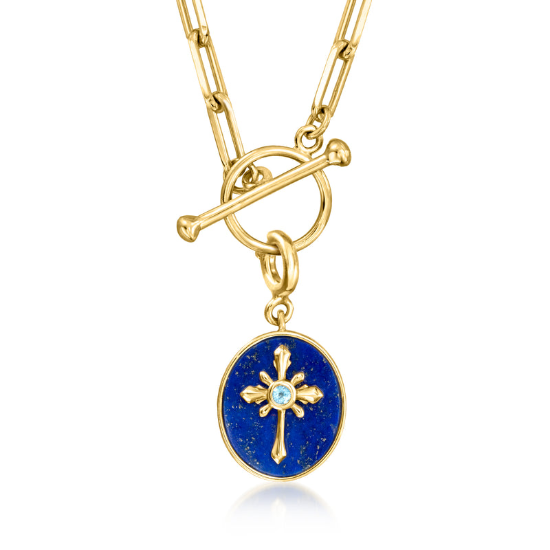 Gold cross charm pendant with blue enamel circle, gold cross, and round Swiss blue topaz