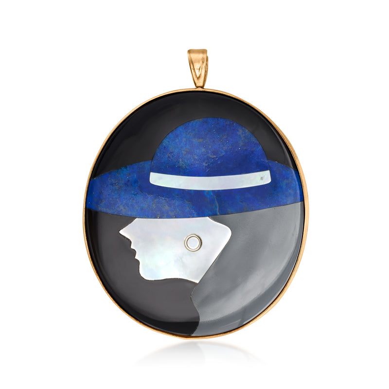 Round 18kt yellow gold pendant with blue and white woman profile cameo on black enamel