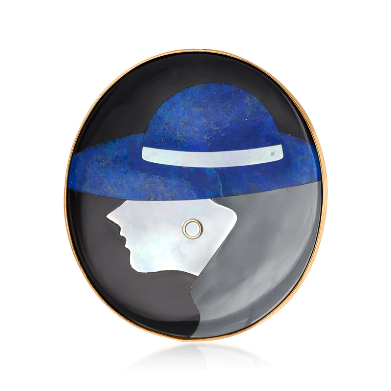 Round gold pendant front with blue hat brim and white profile cameo in black enamel