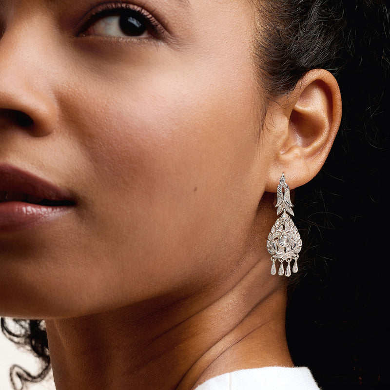 Sterling silver filigree drop earrings shown on ear with dangling cluster fringe