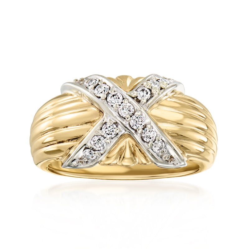 14kt yellow gold X ring with diamond accents and ribbed shoulders