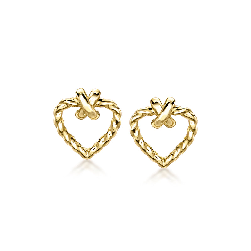 Twisted heart yellow gold stud earrings, 10k post style