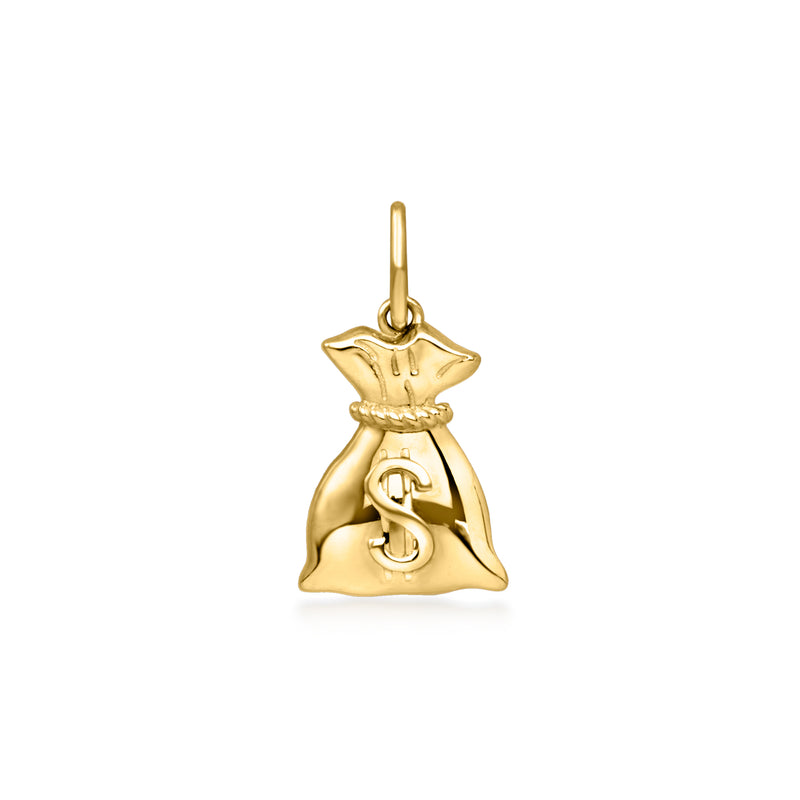 10kt yellow gold money bag charm with $ symbol, loop bail for attaching