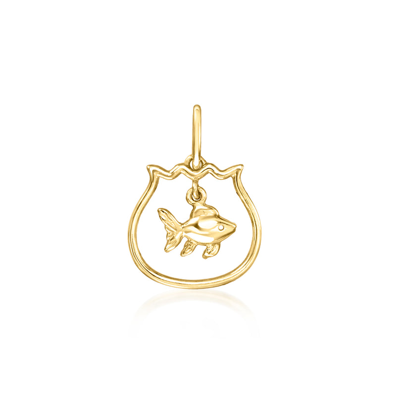 10kt yellow gold fish in bowl charm pendant with hanging loop