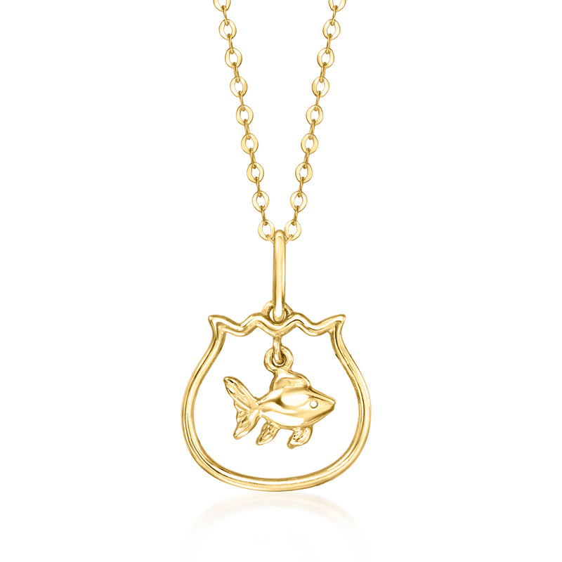 Yellow gold fish in bowl charm pendant on chain necklace, full view