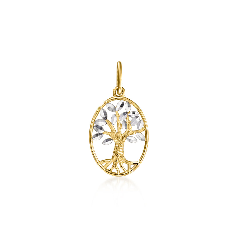 Two-tone gold tree of life charm, oval setting with clear stone accents and bail.