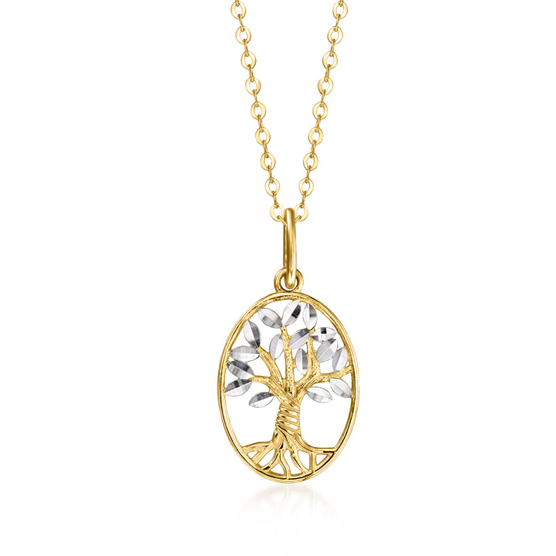 Two-tone gold tree of life charm pendant on gold chain, oval design with clear stones.