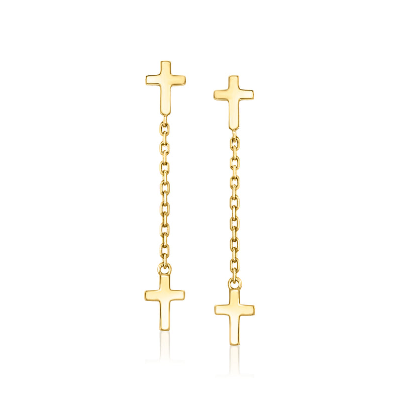 Yellow gold cross drop earrings with linked cable chain and small cross dangles