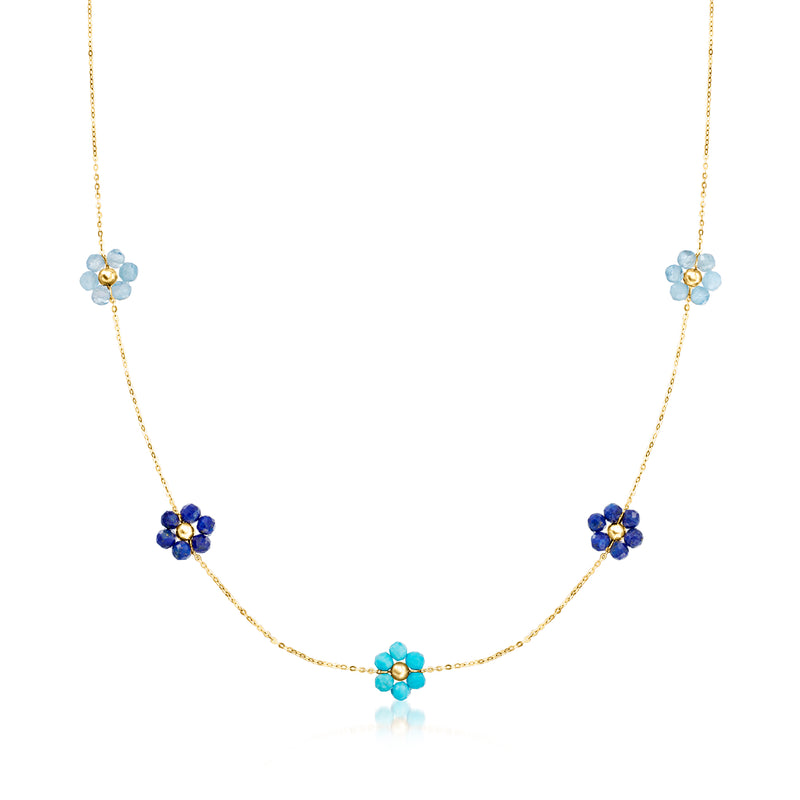 14kt yellow gold necklace with multi-gemstone flower bead drops in blue and turquoise