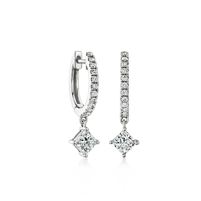 14kt white gold diamond hoop drop earrings with small square-cut drop dangle