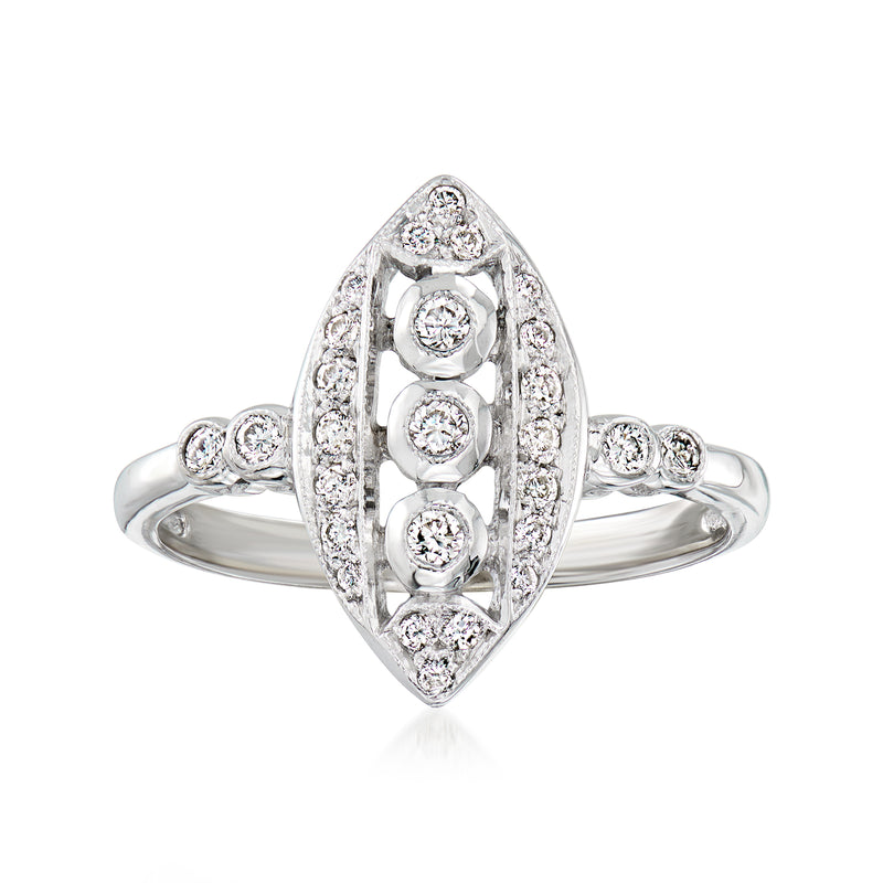 18kt white gold diamond openwork ring with marquise frame and round center stones
