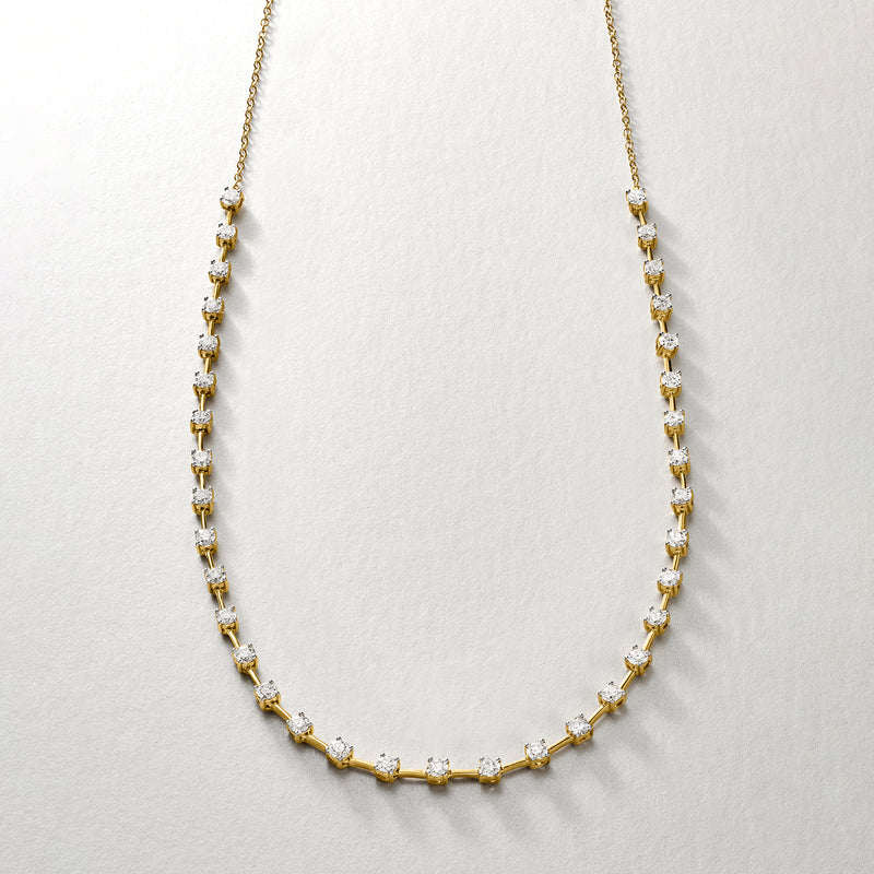 Gold station necklace with prong-set lab-grown diamonds in repeating rectangular settings