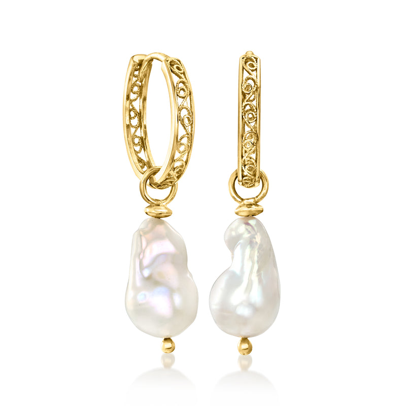 Gold openwork hoop earrings with dangling white baroque pearl drops
