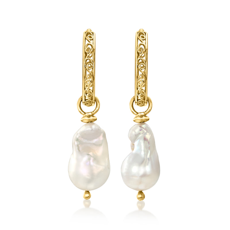 Gold openwork hoop earrings with white baroque pearl drops shown front view