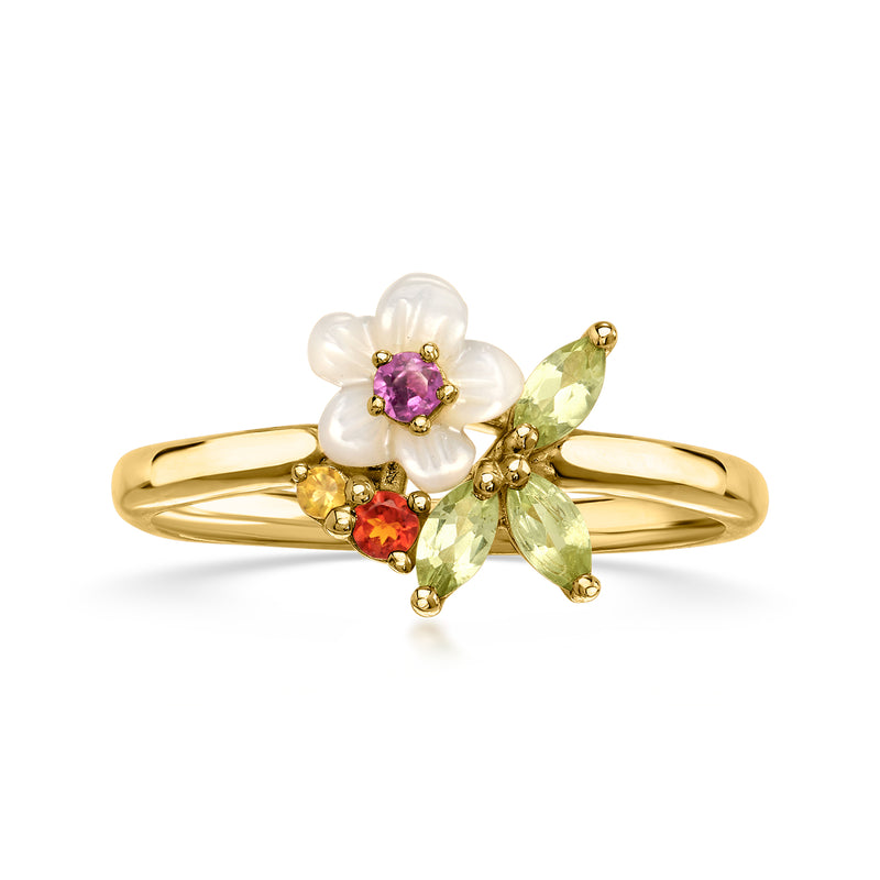 Gold flower ring with white mother-of-pearl petals and purple, green, red gemstones