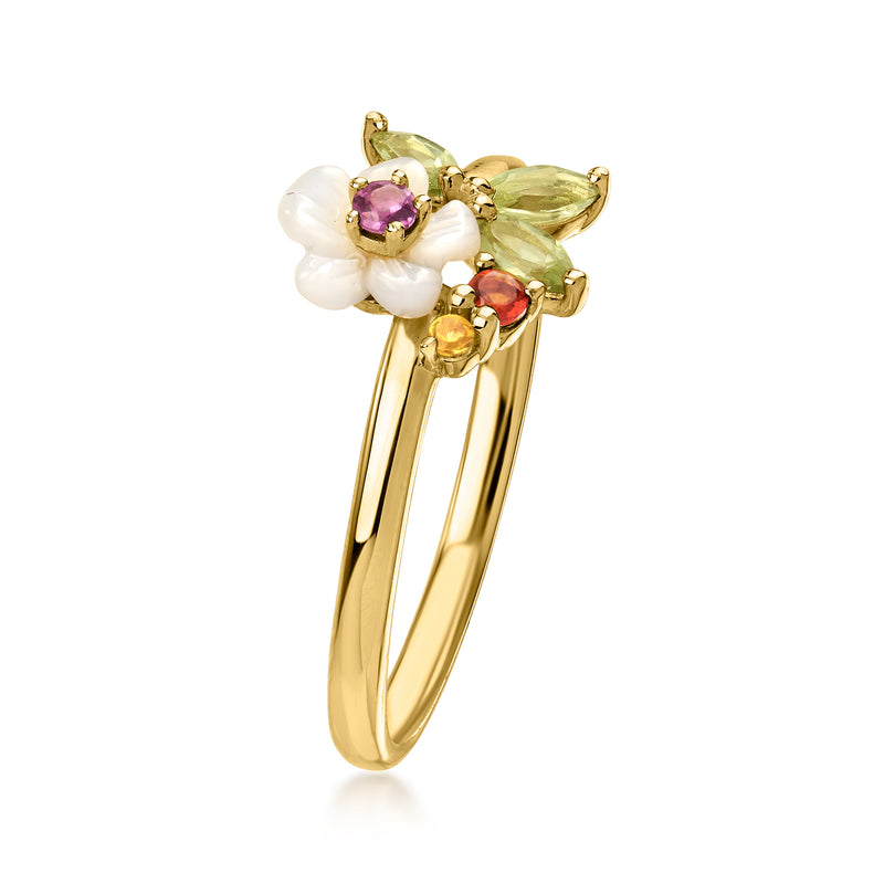 Gold multi-gem flower ring with white mother-of-pearl, purple center, green and red stones