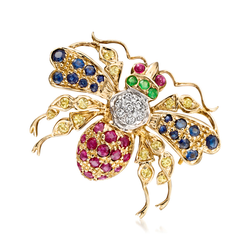 Gold bumblebee pin with blue, pink, green gemstones and round diamond center
