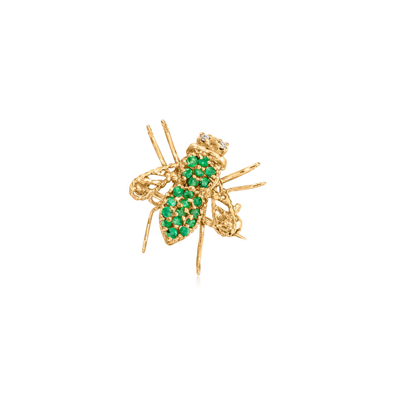 14kt yellow gold bee pin with emerald green stones and diamond accents