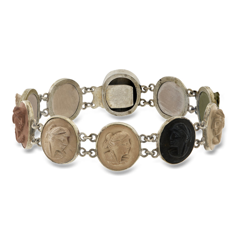 Vintage cameo bracelet with oval lava rock medallions in silvertone settings