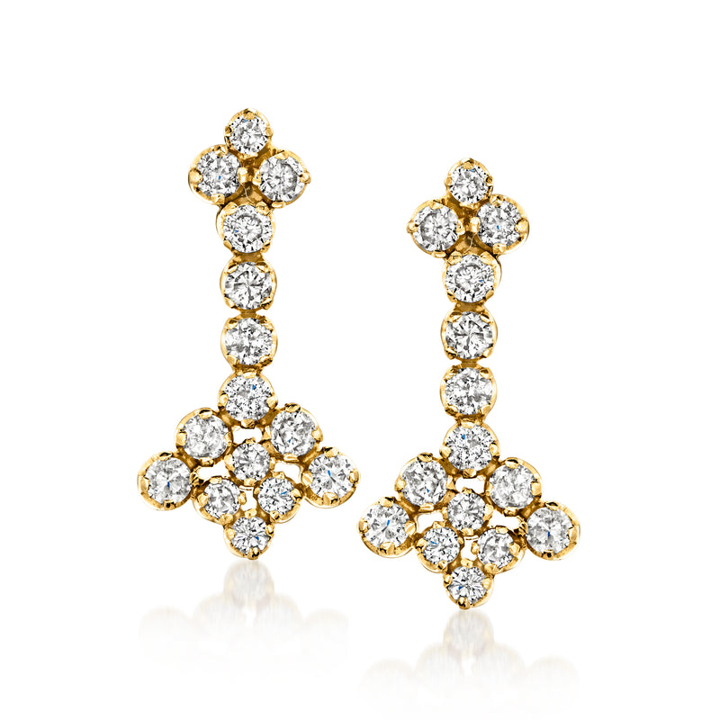 Yellow gold diamond cluster drop earrings with teardrop cross-like hanging design