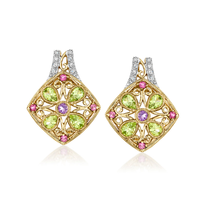 14kt yellow gold multi-gem flower earrings with diamond accents, square halo design