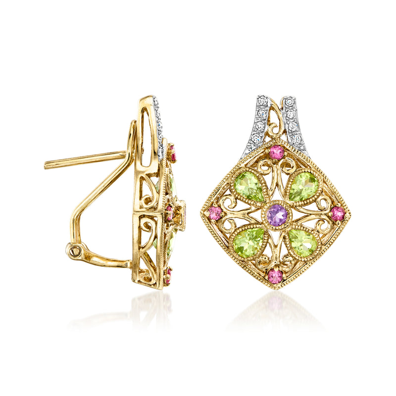 14kt yellow gold multi-gem flower earrings with diamond accents, post-back view
