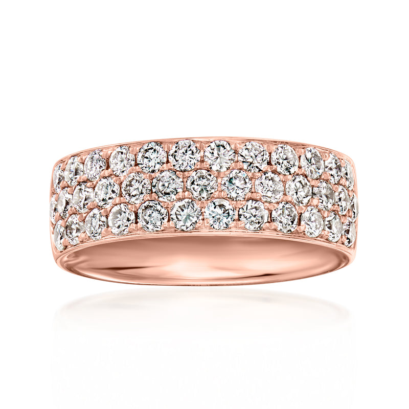 Rose gold three-row diamond band ring with round stones across the top.