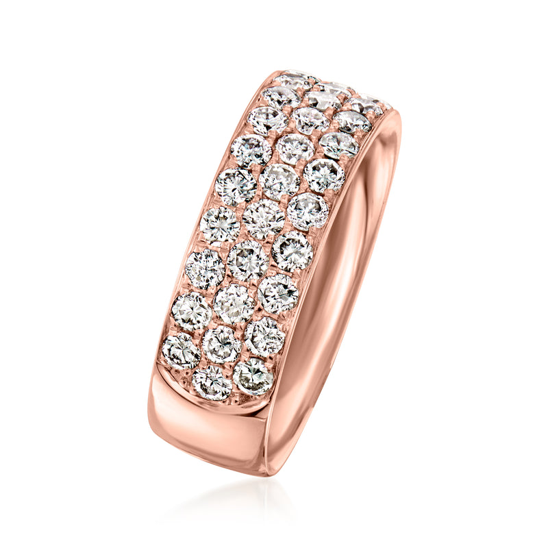 Rose gold three-row diamond ring with round stones, side profile view.
