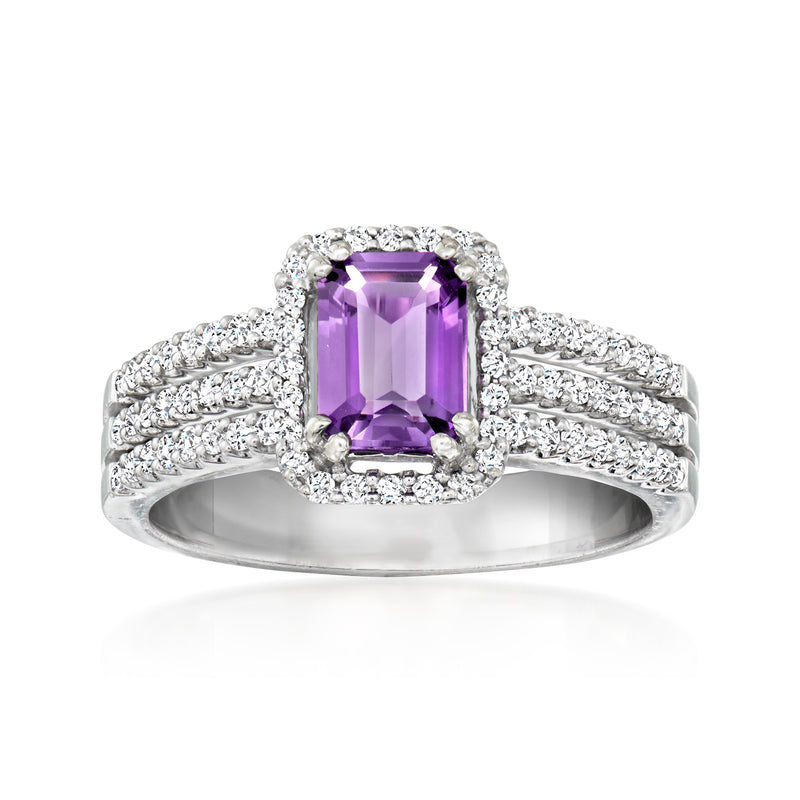 Vintage amethyst and diamond ring in 18kt white gold, square halo and split band