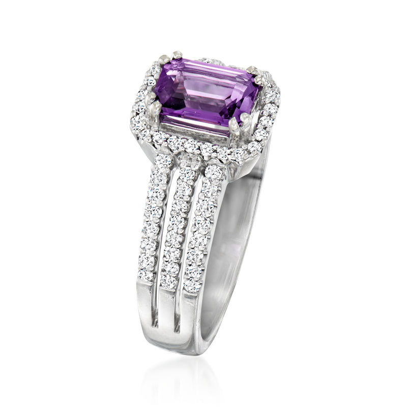 Vintage amethyst and diamond ring in 18kt white gold, emerald-cut center stone
