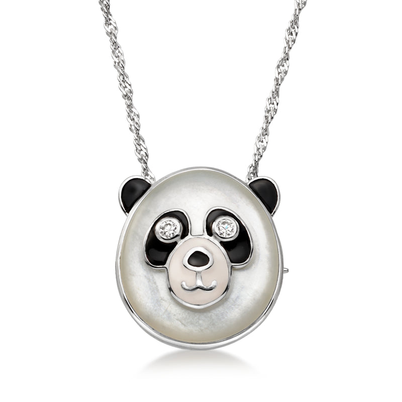 Sterling silver panda pendant necklace with black and white enamel, zircon eyes.