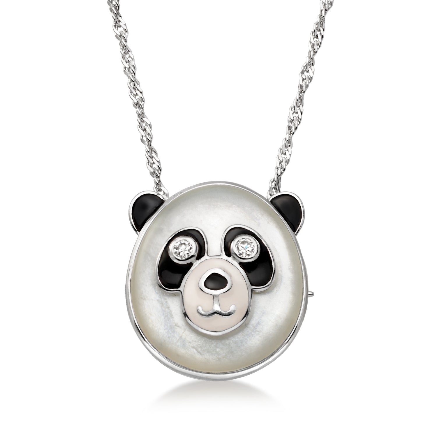 Moonstone and .20 ct. t.w. White Zircon Panda Pin/Pendant Necklace with Black and White Enamel in Sterling Silver