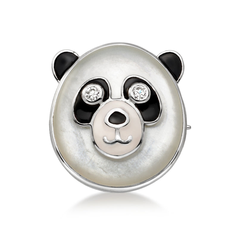 Round sterling silver panda pendant with black enamel ears, white enamel face, zircon details.