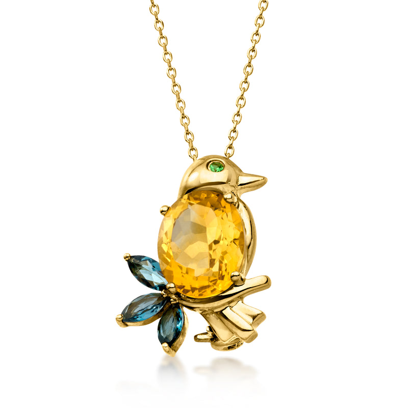 Gold bird pendant necklace with oval citrine center, blue topaz wings, green eye