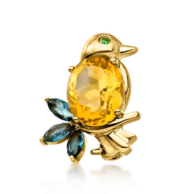 Bird pendant necklace in gold with oval yellow citrine, blue topaz wing accents