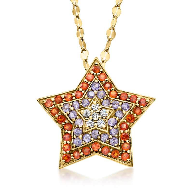 Gold-tone star pendant necklace with red, purple, and clear gemstones, linked chain.