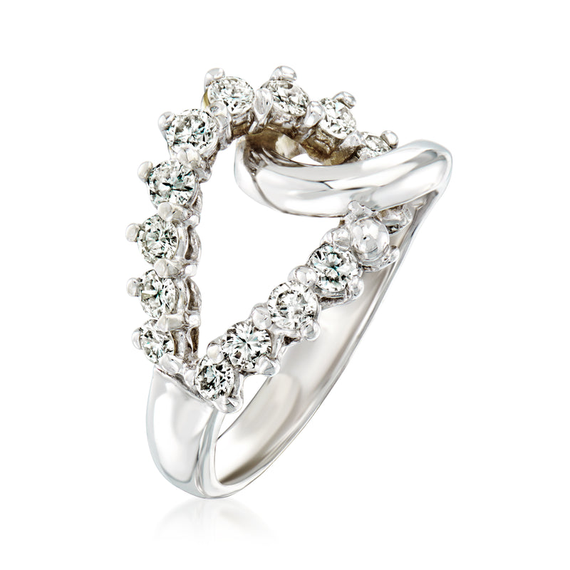 Diamond interlocking-loop ring in white gold, side view with bezel-set round stones