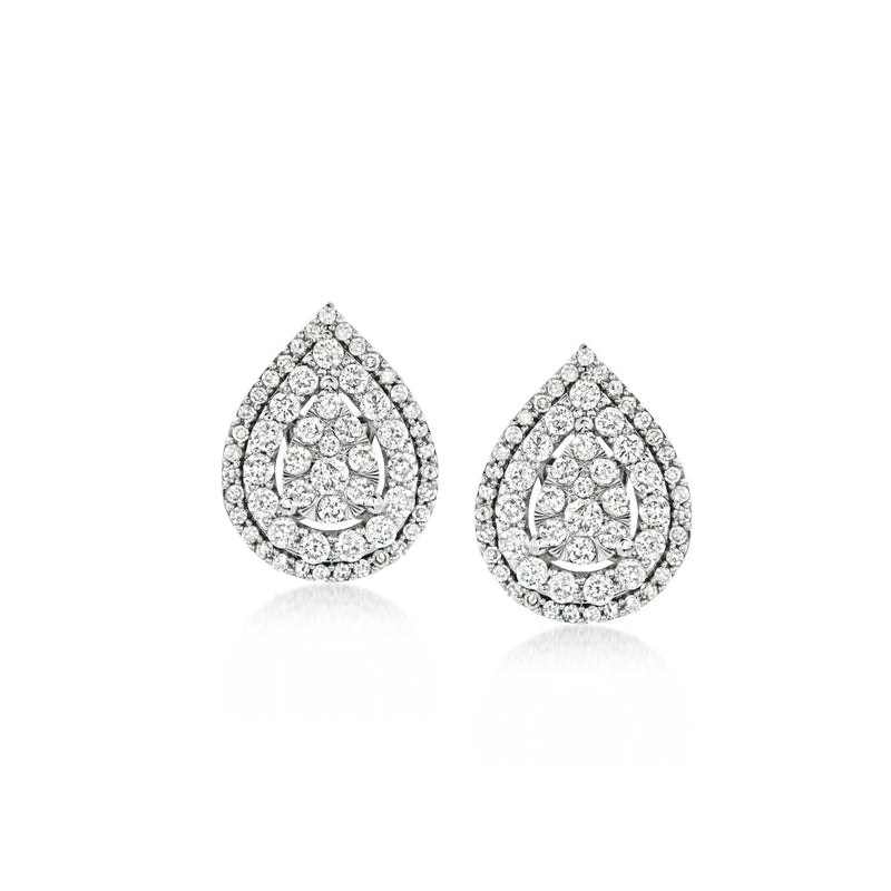 Teardrop diamond cluster stud earrings in 14kt white gold, small post backs