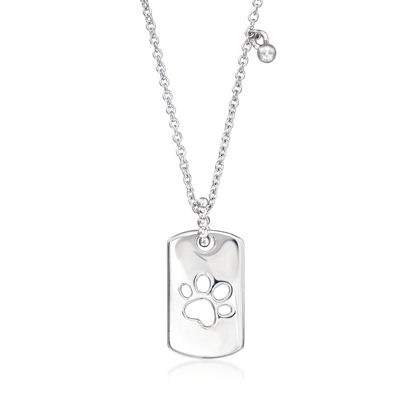 Sterling silver dog tag necklace with paw print pendant, short chain
