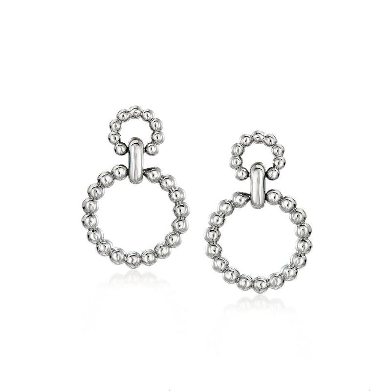 Sterling silver beaded circle drop earrings with hinged post, open ring dangle