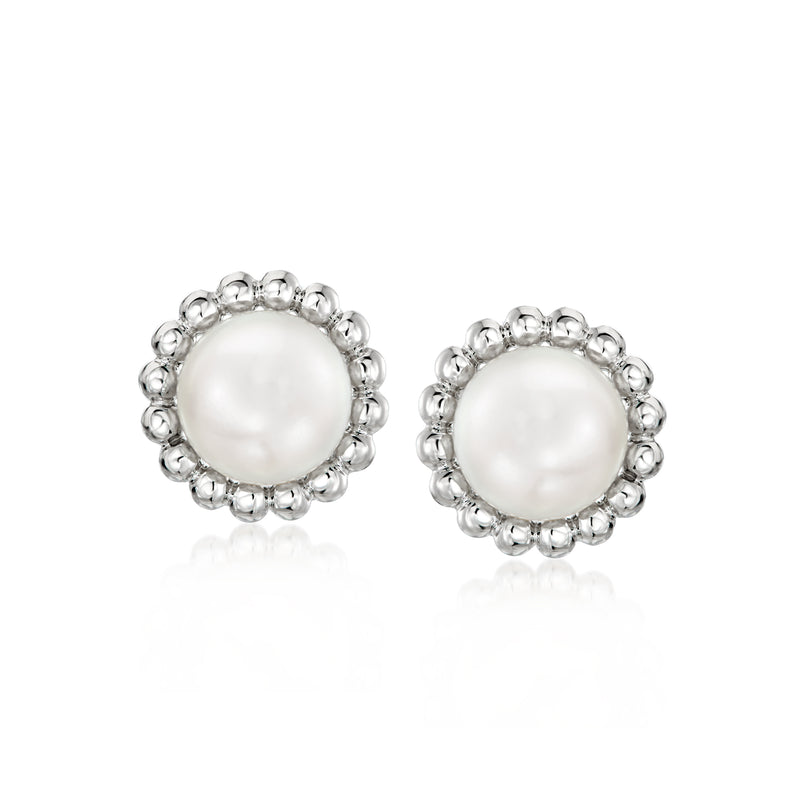 Cultured pearl stud earrings with sterling silver beaded halo (post back)